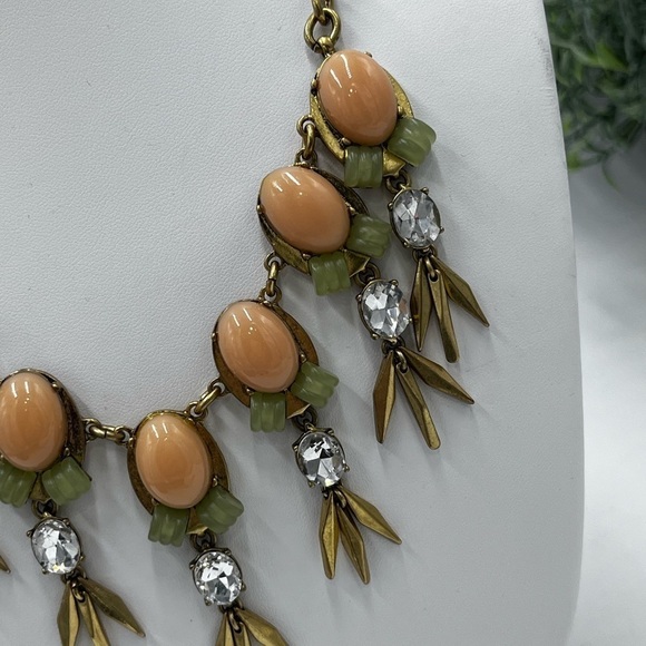 J Crew Peach Blush & Sage Green and Crystal and metal Statement Bib Necklace - Picture 3 of 16